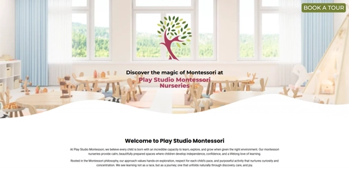 A screenshot of the website for Play Studio Montessori Nurseries, a nursery in Chadwell St Mary.